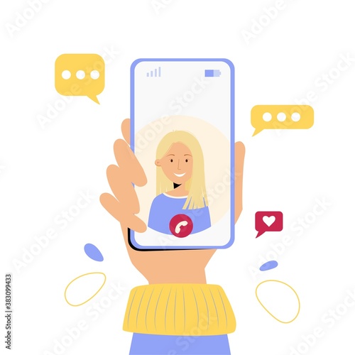 Hand holding mobile phone with video call from girlfriend. Communication and social networking concept. Vector illustration in flat style for web site, applications, banners