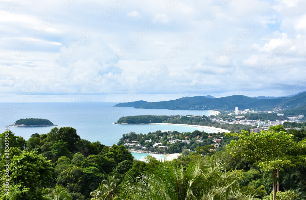 Landscape of Phuket. Patong Beach, Karon Beach, Kata Beach, Taken from Karon Viewpoint. Located in Phuket, Thailand.


