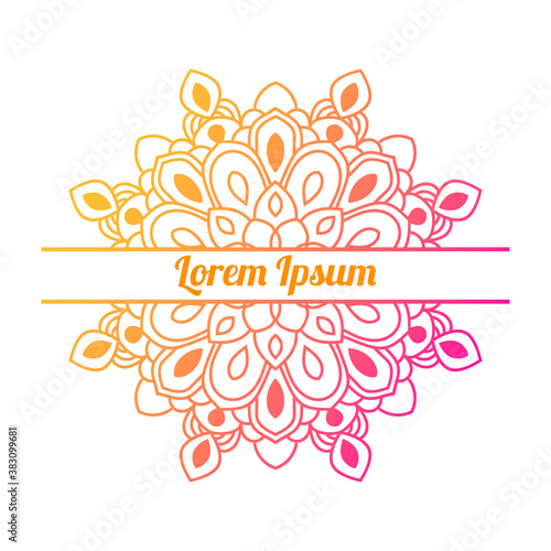 Colorful gradient floral card with blank space in the middle. Invitation template with decorative mandala. Lotus flower card, poster, flyer. Vector illustration.