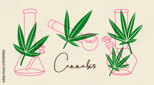 Glass bong for smoking weed, smoking Pipe, hemp leaves. Medical Marijuana smoking accessories. Cannabis and weed legalization concept. Hand drawn trendy modern Vector illustrations