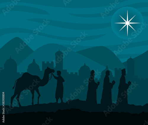merry christmas nativity three wise men and camel design, winter season and decoration theme Vector illustration