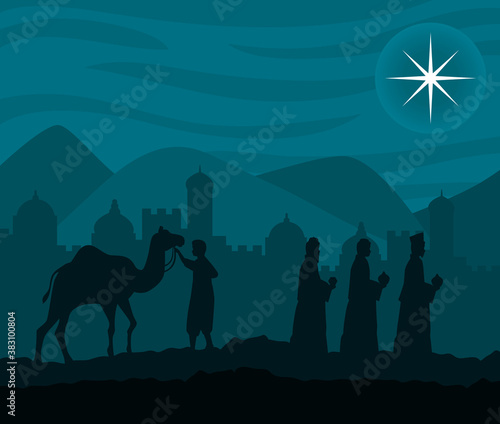 merry christmas nativity three wise men and camel design, winter season and decoration theme Vector illustration