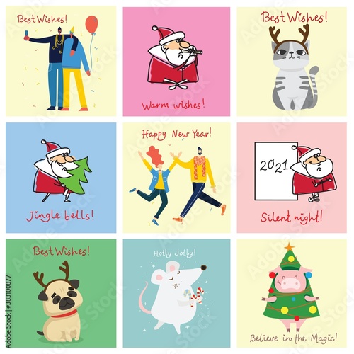 Vector illustration of christmas cats, pigs, rats and dogs with Christmas and new year greetings.