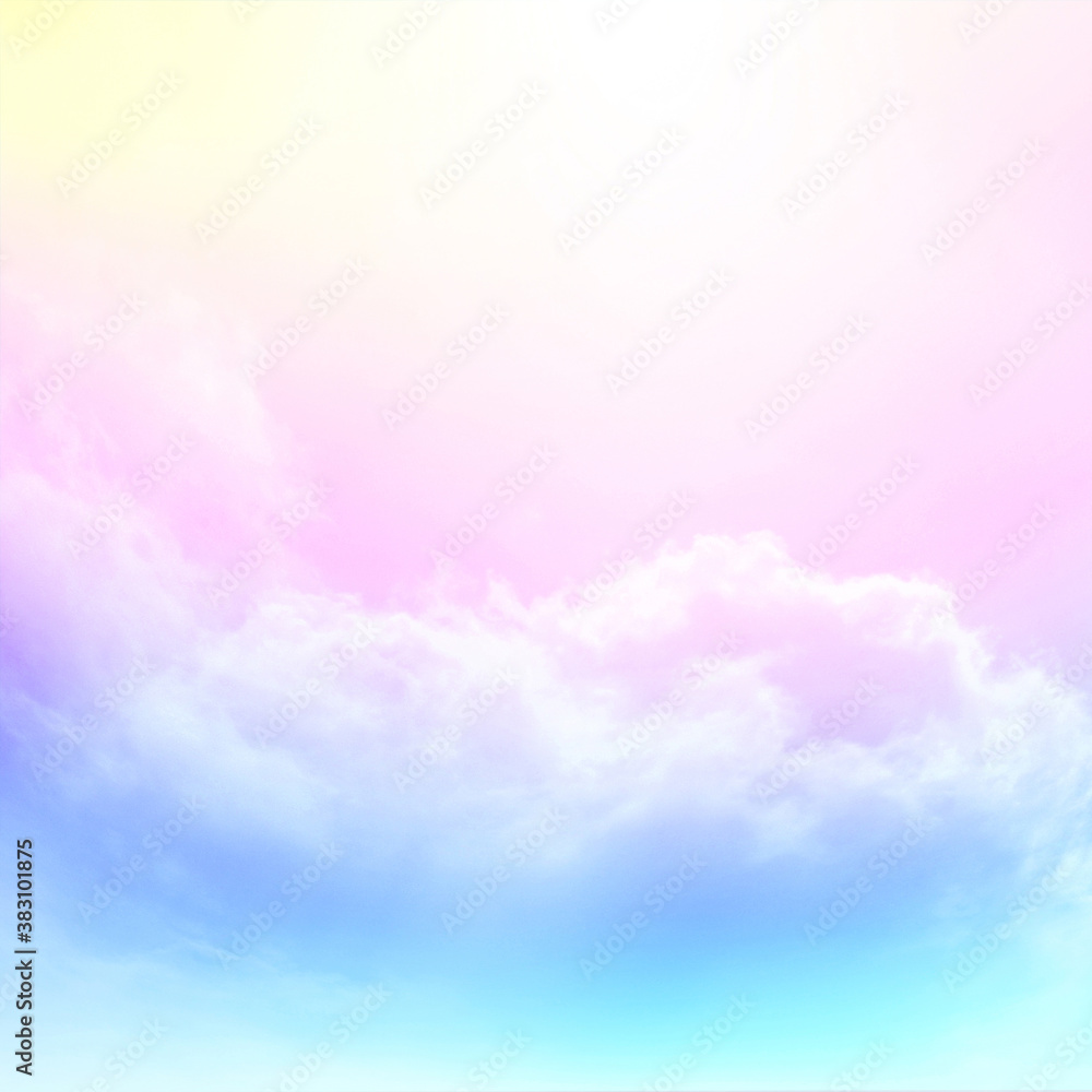 Colorful sky with Soft clouds. Fantasy magical sunny sky pastel background is fluffy white cloud. Freedom wallpaper concept. Sweet color dream.