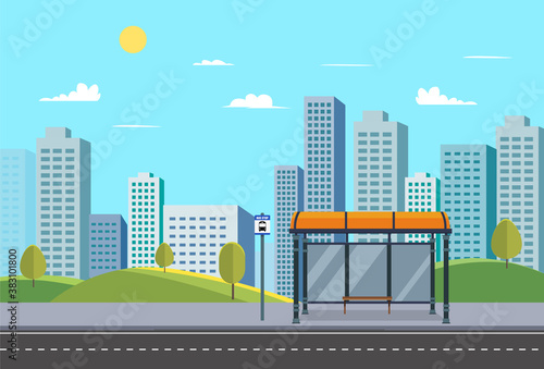 Bus stop on main street urban.Public park with city and bus stop and nature landscape.Bus stop sign in downtown.Vector illustration