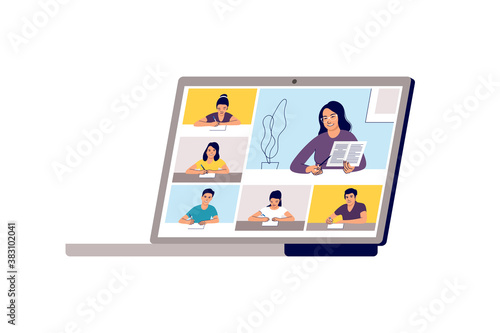 Online class. School learning, study from home teleconference or web video conference call. Emergency school, college test or course element. Vector illustration.