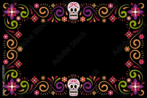 Dia de muertos Holiday flower frame with sugar skull. Day of dead mexican carnival celebration border. Vector illustration.