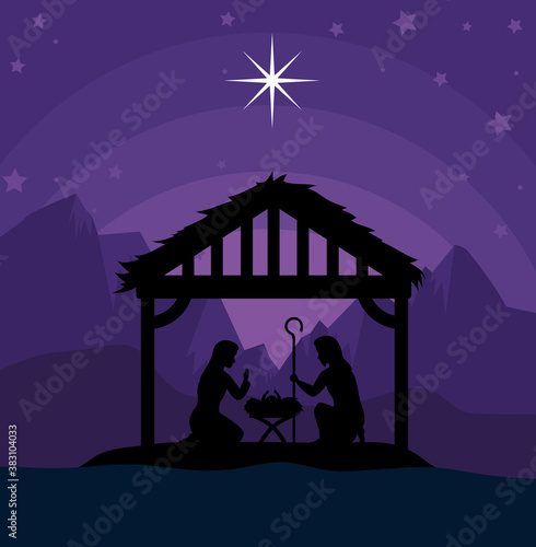 merry christmas nativity mary joseph and baby on purple background design, winter season and decoration theme Vector illustration