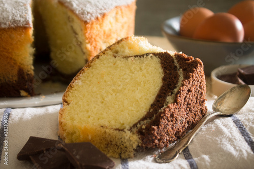 chiffon cake with chocolate and powdered sugar