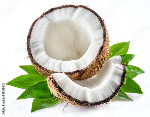 Split coconut fruit with whole inside seed isolated on white background.