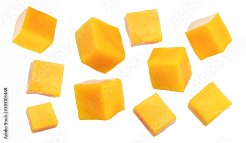 Set of mango cubes isolated on a white background.