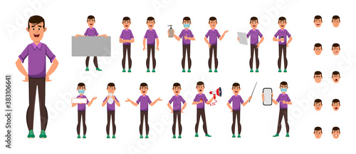 casual boy cartoon character set. Character set in different poses or gestures