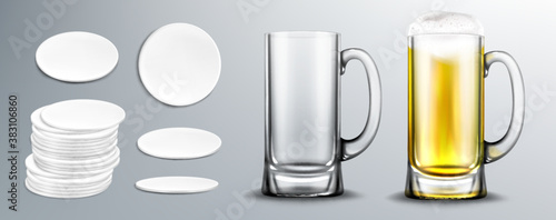 Empty and full of beer glass mug and white circle coasters in stack and top view. Vector realistic mockup of beer with foam in clear mug and blank cardboard mats