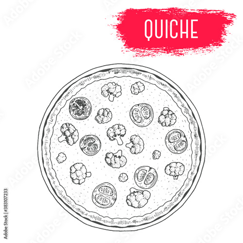 Quiche hand drawn vector illustration. French cuisine dish. Design sketch element.