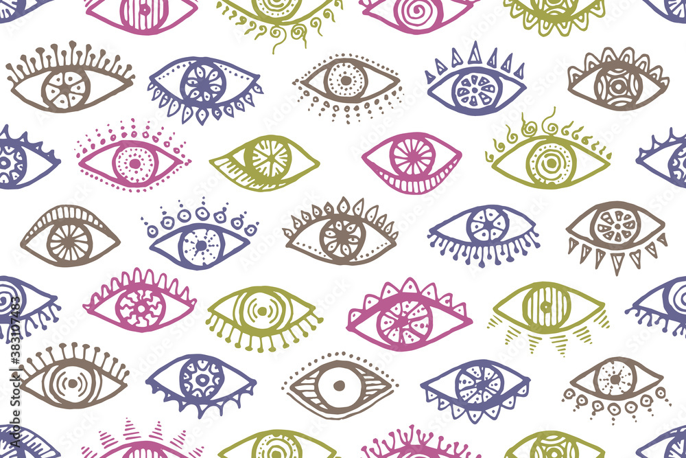 Naklejka premium Hand drawn human eyes colorful seamless pattern.