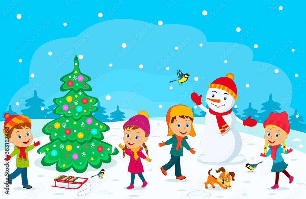 kids, boys and girls play in winter, illustration, vector kids, boys and girls play in winter, illustration, vector