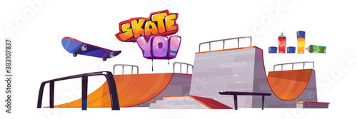 Skate park ramps, skateboard and graffiti letters isolated on white background. Vector cartoon set of stadium with track for roller board. Playground for extreme sport activity photo