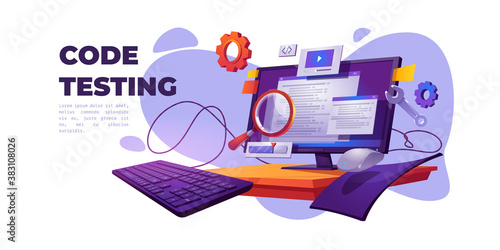 Code testing cartoon banner. Functional test, methodology of programming, search errors and bugs, website platform development, dashboard usability optimization for computer pc vector illustration