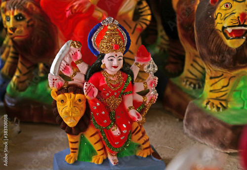  Idols of Hindu Goddess Durga for Navratri festival in India. The nine-days festival, which commemorates the slaying of the demon king Mahishasur by goddess Durga, marks the triumph of good over evil.