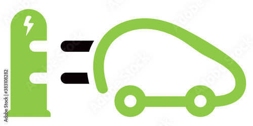 VOITURE ÉLECTRIQUE VERTE AVEC BORNE DE RECHARGEMENT