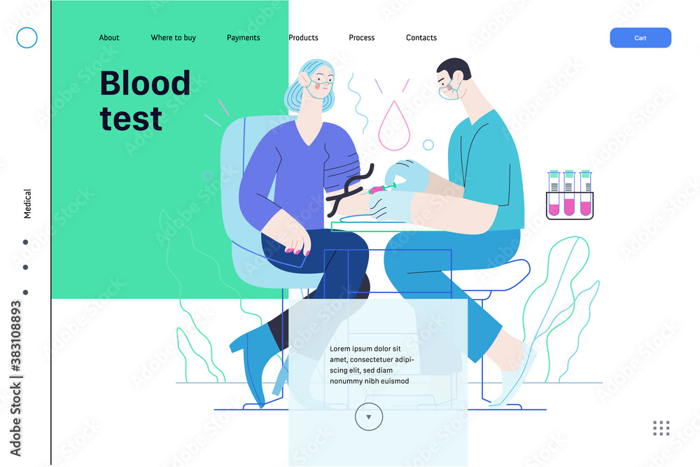 Medical tests illustration - blood test - modern flat vector concept digital illustration of blood test procedure - a patient and doctor with a syringe and test tubes, the medical office or laboratory