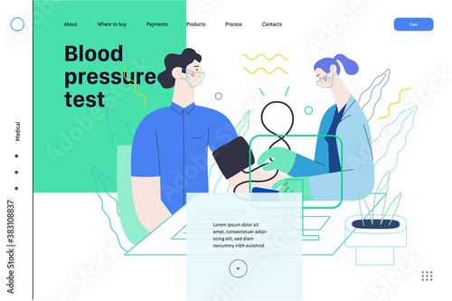 Medical tests template - blood pressure test - modern flat vector concept digital illustration of blood pressure measurement procedure - a patient and doctor with a meter, medical office or laboratory