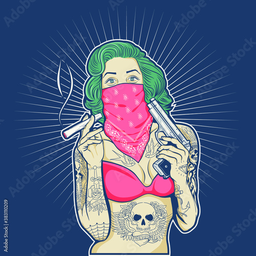 Retro chola girl smoking with gun