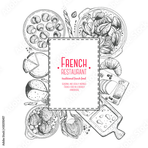 French cuisine label. A set of classic French dishes with beef bourguignon, mussels, escargot, foie gras, cheese, artichoke . Food menu design template. Hand drawn sketch vector illustration.
