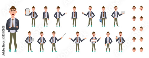 Cute businessman cartoon character set. Character set in different poses or gestures