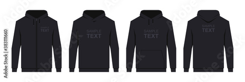 Men's hoodie Black. Blank template hoody front and back view. isolated on white background
