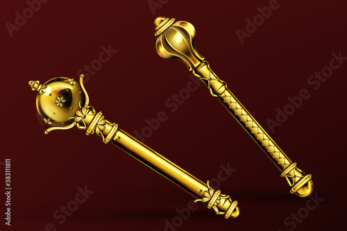 Gold royal scepters, king and queen wands. Vector realistic set of ancient golden rod, royalty symbol of monarchy and imperial power. Medieval jewelry sceptre, coronation insignia