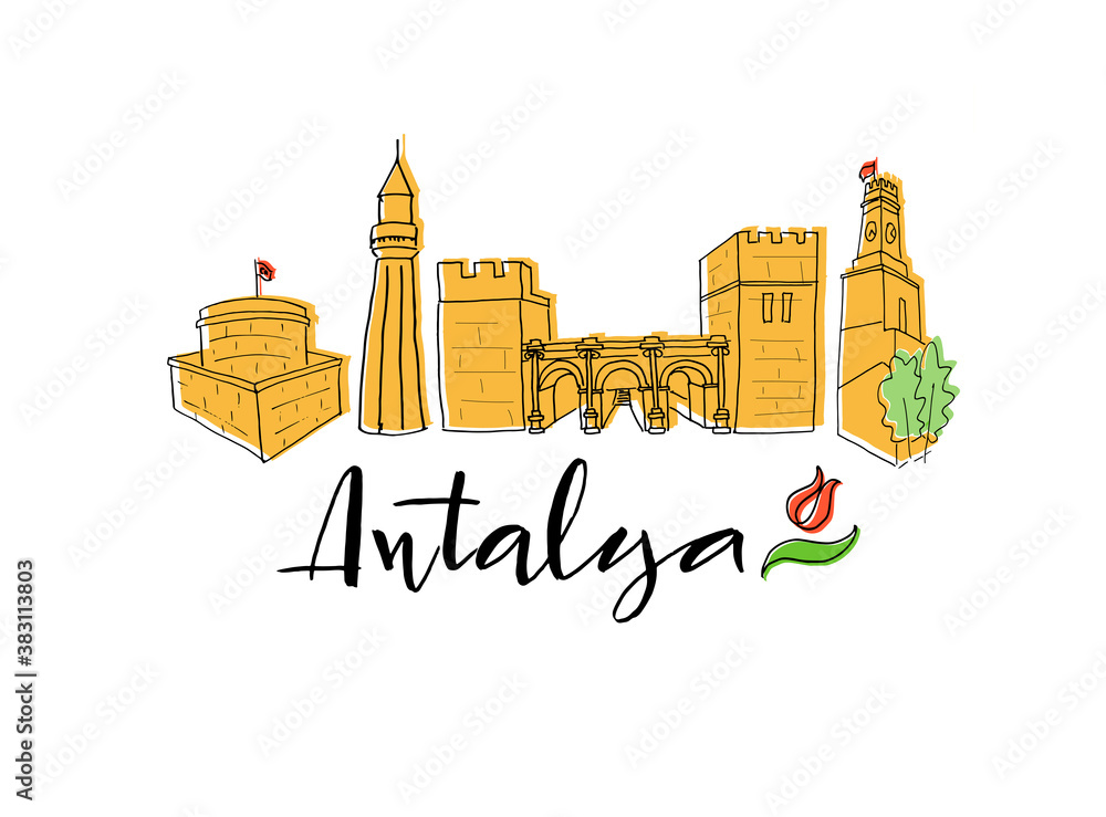 Fototapeta premium Antalya city name and illustration with city sights isolated on white background for banner, sticker, souvenirs, booklet. Hand drawn vector lettering and illustration for travel agency, print shop