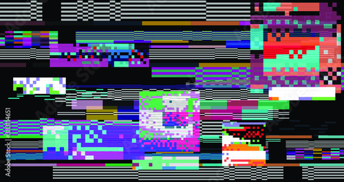 Glitch datamoshing camera effect. Retro VHS background like in old video tape rewind or no signal TV screen. Vaporwave and retrowave style vector illustration.