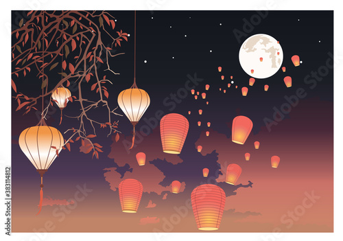 Paper lanterns with flames fly into the night sky. Color vector illustration