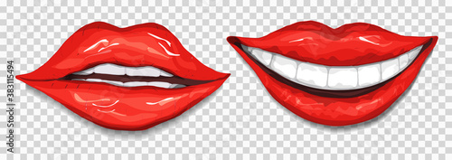 realistic, red  lips isolated on a transparent background. a woman's kiss, a smile, hand-drawn, in the style of doodles. lip gloss, vector illustration for printing, design  your ideas.
