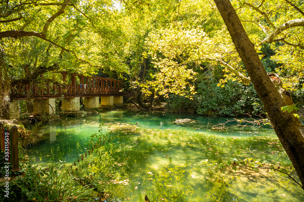 Public park of Kursunlu waterfall near Antalya city in Turkey, beautiful nature travel background, autumn time