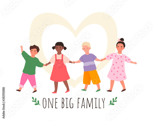 The concept of multiculturalism, tolerance and friendship of peoples with cute multiethnic children holding hands. Colorful vector illustration isolated on white background.