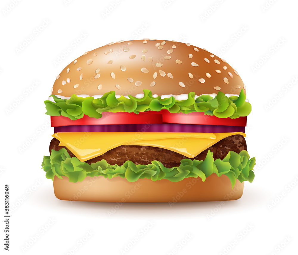 Realistic Detailed 3d Tasty Big Burger. Vector Realistic Detailed 3d Tasty Big Burger. Vector
