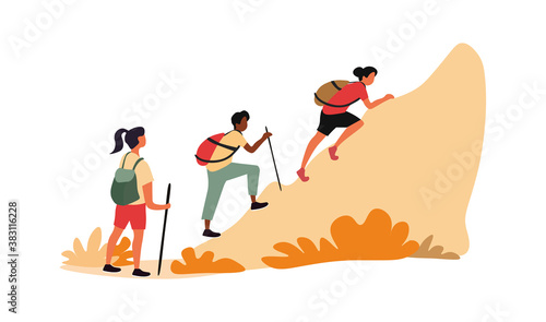 Hiking concept. A group of young people climbing a hill. Colorful vector illustration isolated on white background.