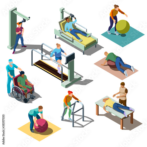Isometric rehabilitation medical center with human characters. People with musculoskeletal disorders do physical therapy exercises, patients on the recovery and treatment program. Healthcare concept.