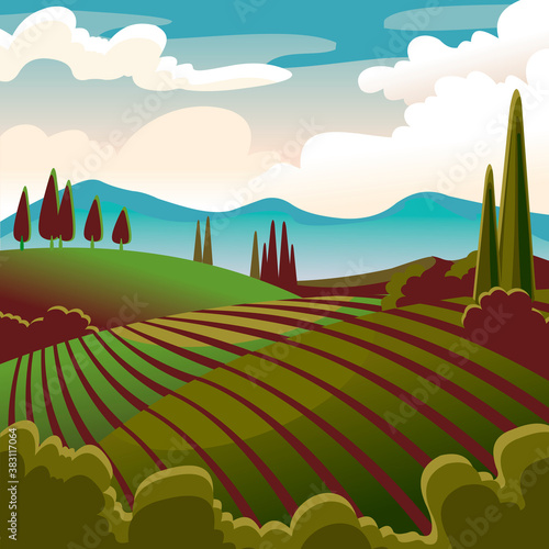 Cartoon Color Rural Landscape Scene Concept. Vector