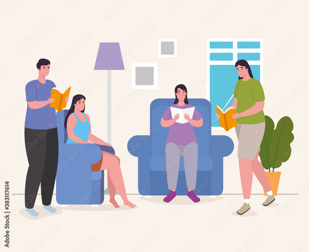 people reading book on chairs at home design of Activity and leisure theme Vector illustration