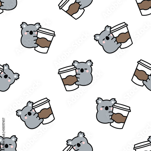 Cute koala loves coffee cartoon seamless pattern, vector illustration