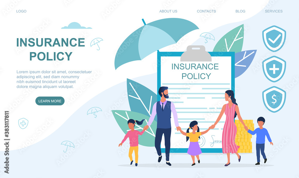 Abstract concept with a happy family with three children holding hands and an insurance policy in the background. Color cartoon flat vector illustration. Web page template