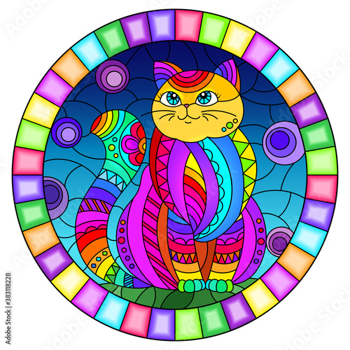Fototapeta Naklejka Na Ścianę i Meble -  Illustration in stained glass style with abstract cute rainbow cat on a sky  background, oval image in bright frame