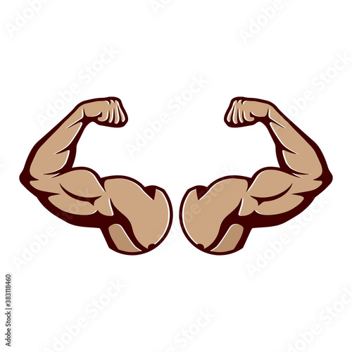 Cartoon hard muscle. Strong arm, boxer arms muscles and strength from hard gym. Arm fitness guy with hands, body muscle flexing or strong biceps logo. Icon Isolated vector illustration EPS 10