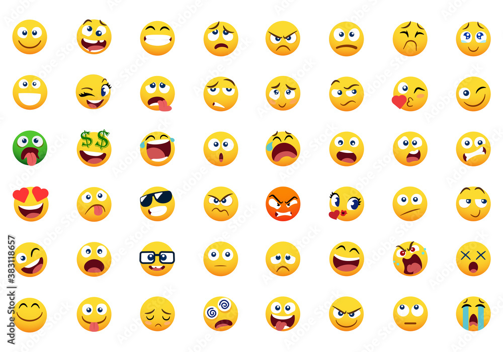 Big set of emoticon smile icons. Cartoon emoji set. Vector emoticon set isolated on white background. Vector EPS 10 Big set of emoticon smile icons. Cartoon emoji set. Vector emoticon set isolated on white background. Vector EPS 10