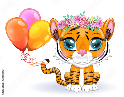 Cute cartoon tiger with beautiful eyes, bright, orange for greeting cards