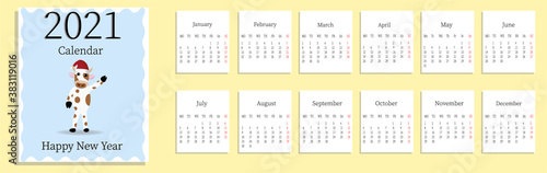 Calendar template for 2021 year. Planner diary in a minimalist style. Corporate and business calendar. 2021 calendar in minimal table Week Starts Monday. Cow on the main page. Vector illustration