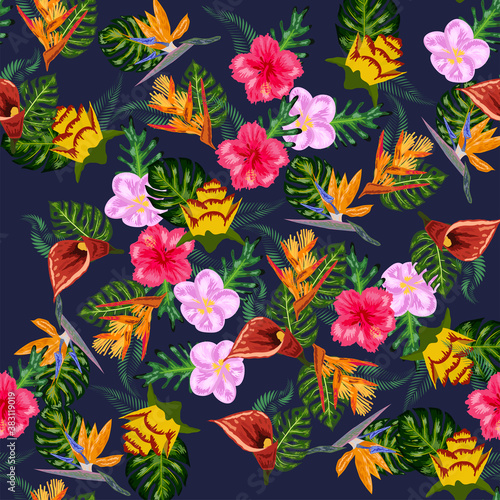 Fototapeta Naklejka Na Ścianę i Meble -  Seamless tropical pattern with palm, monstera leaves and many flowers of hibiscus, sterlitz, tropical